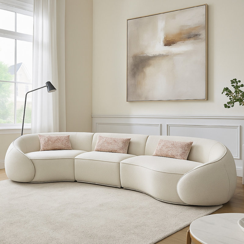 Canapé modulaire Sarah, 3 coussins, tissu bouclé beige, forme courbée