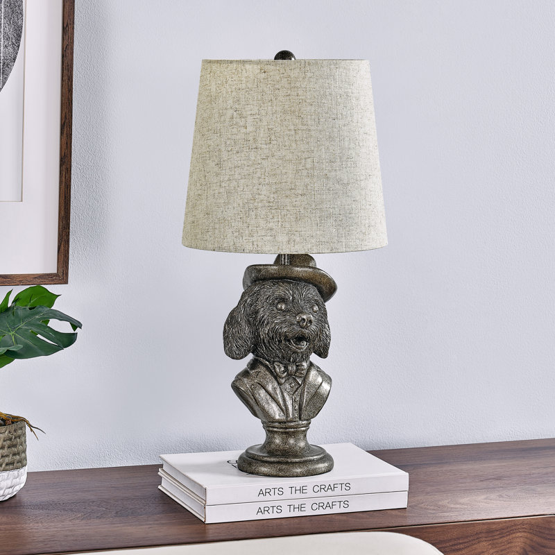 20" Bronze Resin Doodle Table Lamp With Hat And Suit And Linen Shade, Tan, Brown