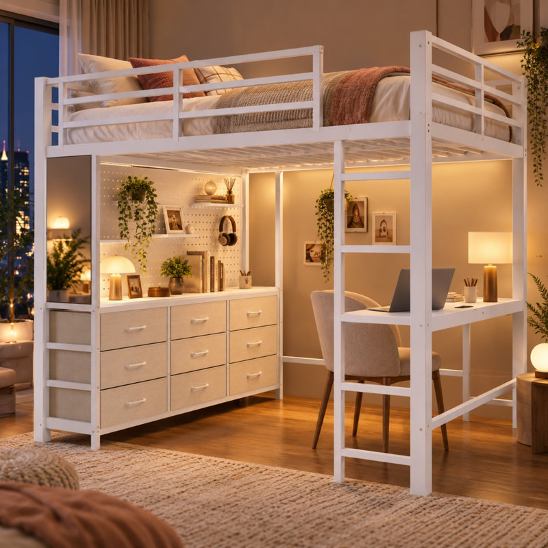 Lit mezzanine multifonctionnel Benedict avec bureau, tiroirs de rangement, miroir, éclairage DEL et port de chargement USB, lit mezzanine haut en métal avec barrières de sécurité sur toute la longueur