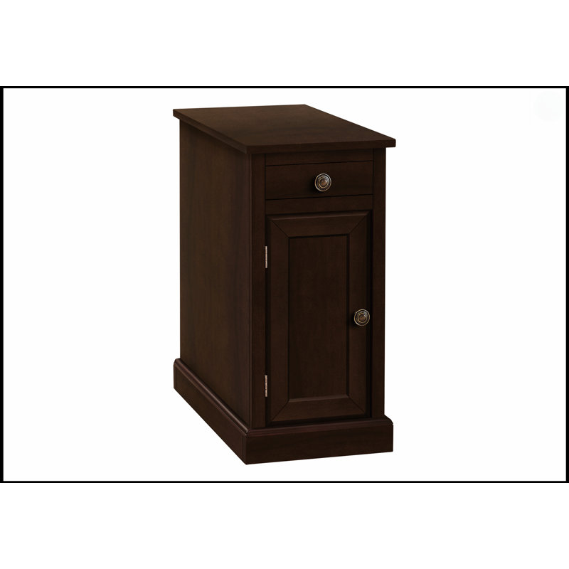 Table d'appoint étroite avec tiroir et armoire, design traditionnel pour le salon ou la chambre à coucher, finition en placage brun foncé.