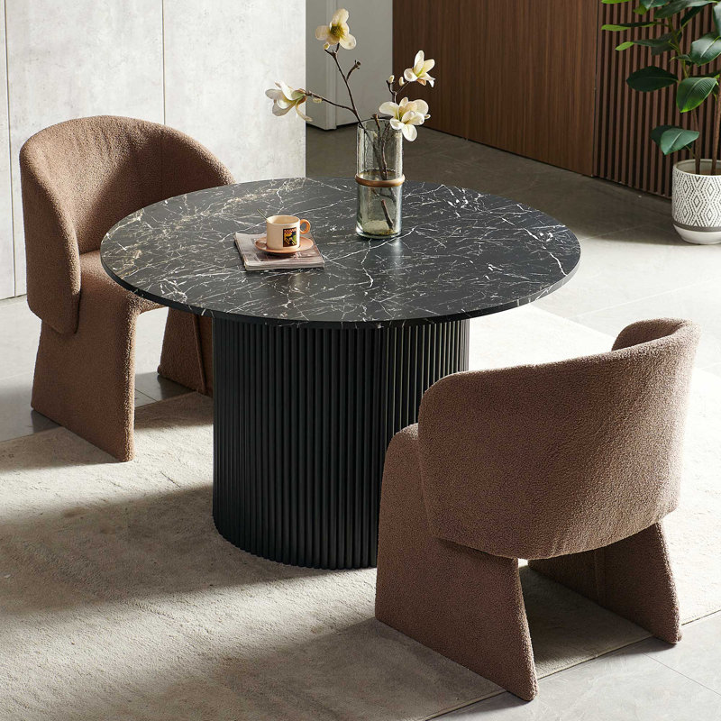 3-Piece Dining Table Set, Wood Top, Faux Fur Armchairs, Black Marble, Brown, Black