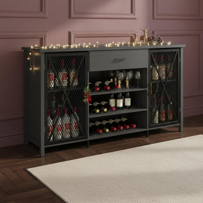 Armoire à vin 71 po, armoire moderne avec tiroir de rangement et tablette réglable, table basse industrielle avec porte-bouteilles pour la cuisine, la salle à manger et le salon