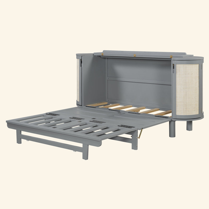 Lit escamotable avec rangement caché et conception tissée moderne, Gris, Grand lit