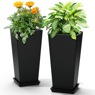 Ensemble de 2 grands pots à fleurs pour l'extérieur et l'intérieur, pots à fleurs effilés avec plateau de drainage, porche avant et décoration de patio, idéal pour les plantes