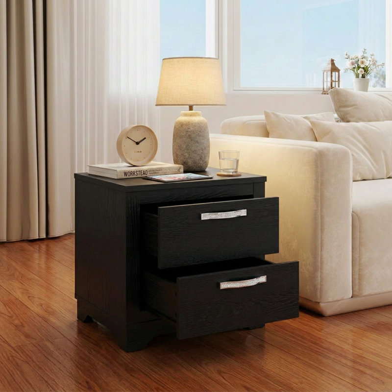 23.62" Modern Black Nightstand With 2-Drawer 
