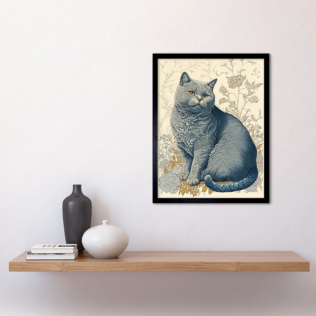 William Morris Inspired Cat Portrait with Flowers Modern - Single Picture Frame Art Prints