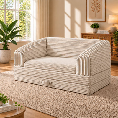 Canapé-lit convertible 2 en 1 beige 130 cm (51 po), pliable en trois, en velours côtelé avec dossier épais et poignée de transport, idéal pour le salon et la chambre d'amis.
