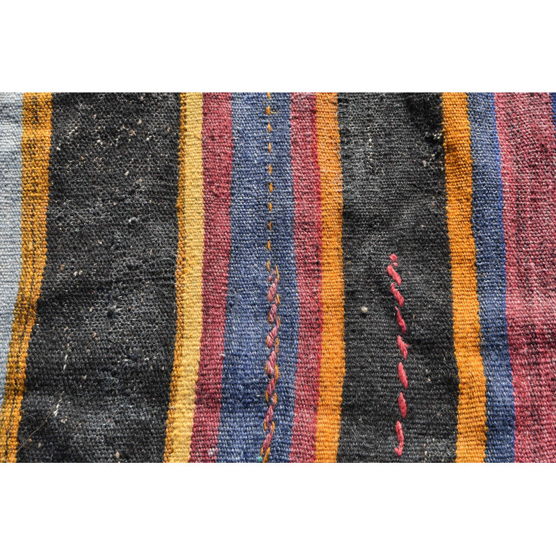 Classic Antique Black Turkish Kilim Rug with Vintage Tribal Design for Kitchen Decor Blue/Black