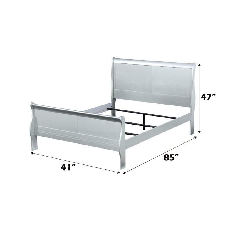 Lit simple avec finition platine, bois de pin massif, placage de gomme et panneau de particules, courbes gracieuses, profil bas, 3 lattes, sans rangement, gris argenté, l 85 po x P 47 po, H 46 po, lit fini, bois