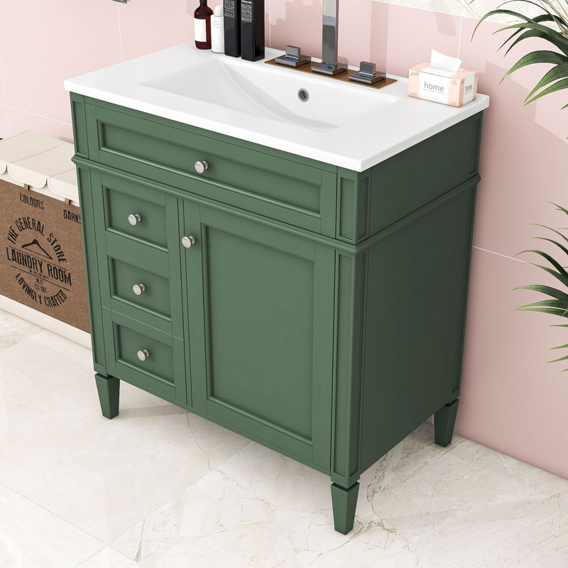 30-Inch Bathroom Vanity with Ceramic Top, Soft-Close Door Cabient and 3 Drawers, Green