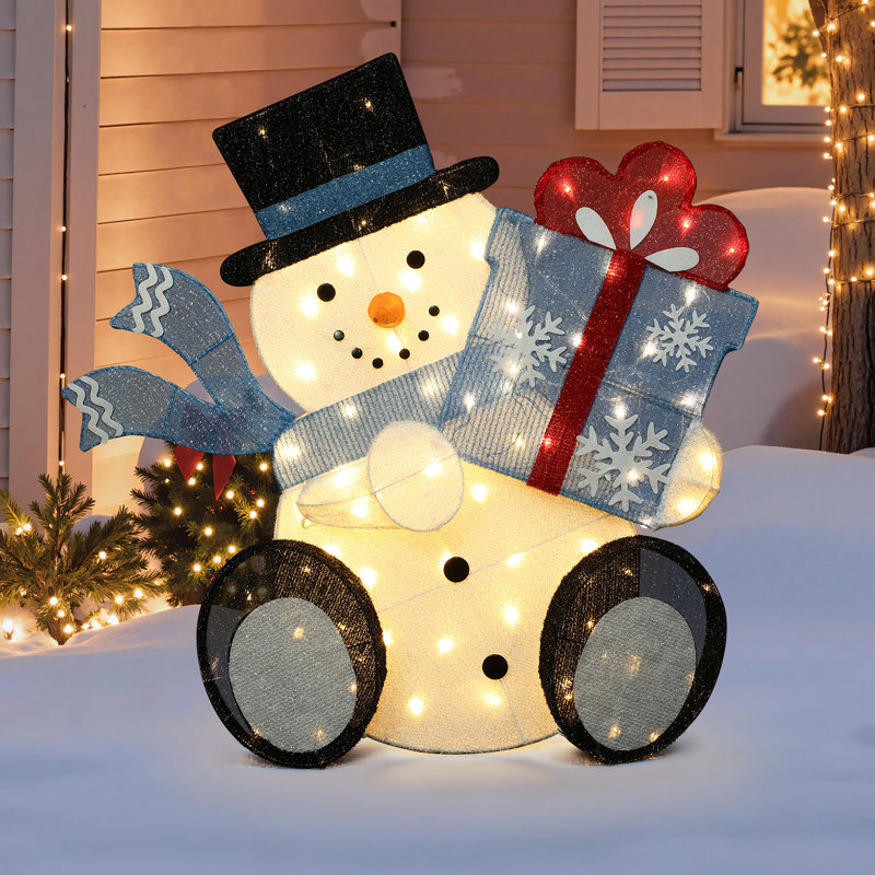 Décoration de Noël en tissu pré-illuminé de 80 cm représentant un bonhomme de neige tenant une boîte-cadeau