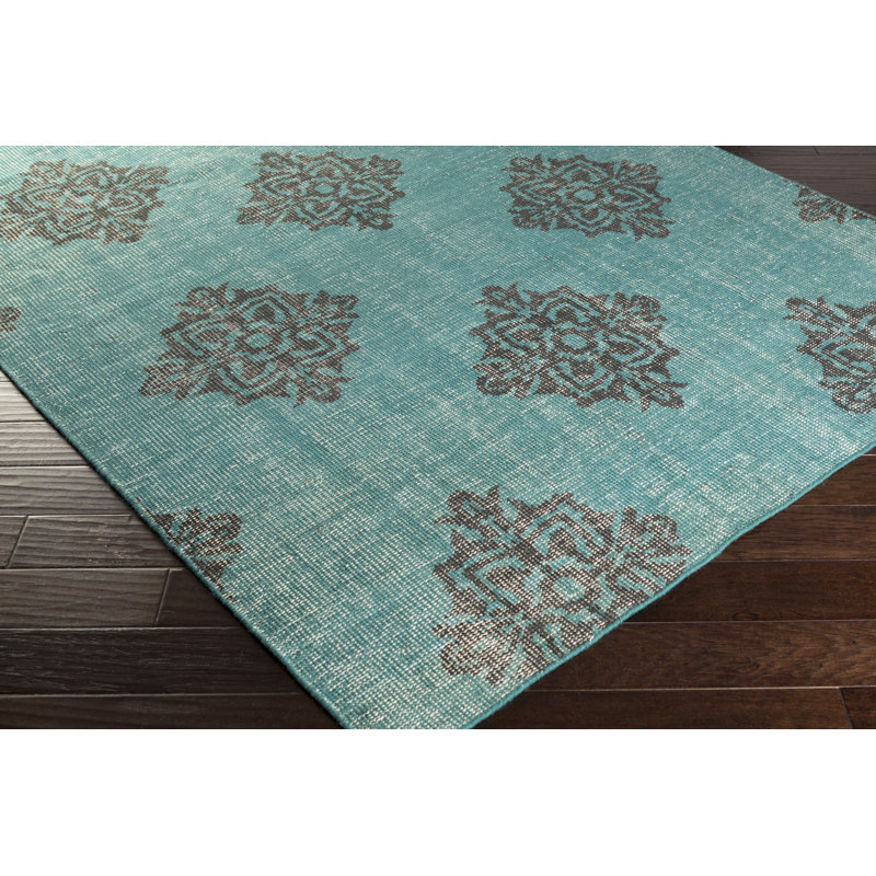 Tapis bleu sarcelle / gris en laine noué à la main Adnan, Rectangle 3 pi 6 po x 5 pi 6 po
