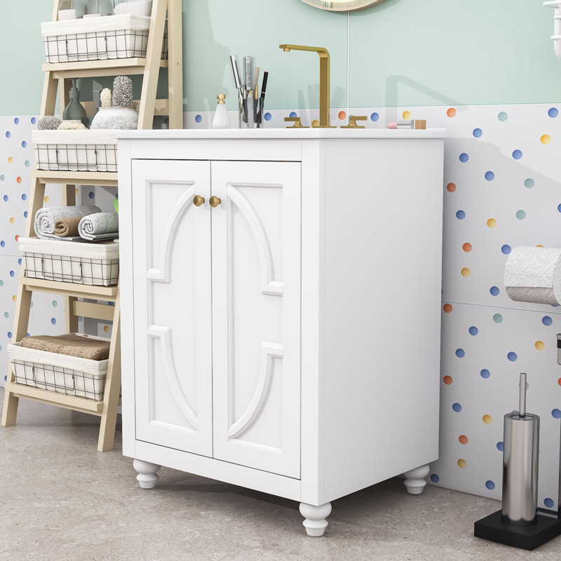 Élégant meuble-lavabo peu encombrant avec lavabo en céramique, tablette réglable et charnières à fermeture en douceur, White