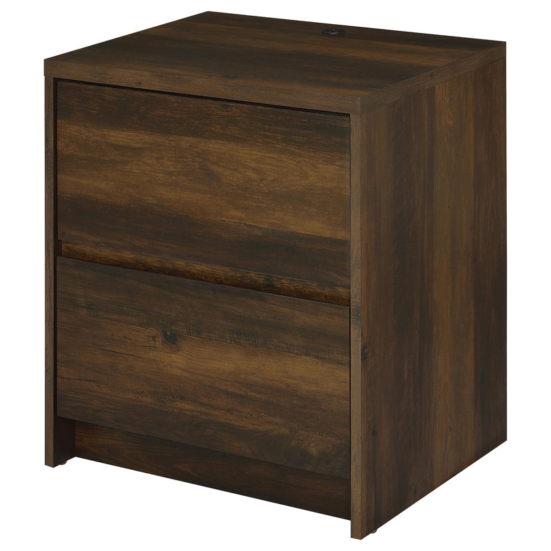 Table de chevet à 2 tiroirs Westpark avec lumières DEL et pin foncé USB, Pin foncé