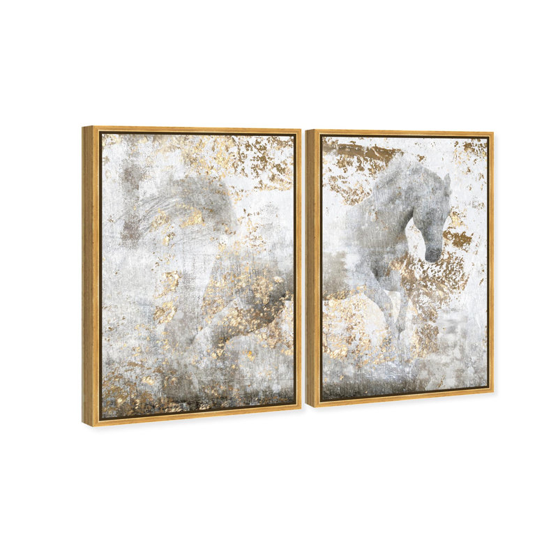 Oliver Gal Running Equus Diptych Animals - Framed Canvas Art, 47" H x 32" W, Gold