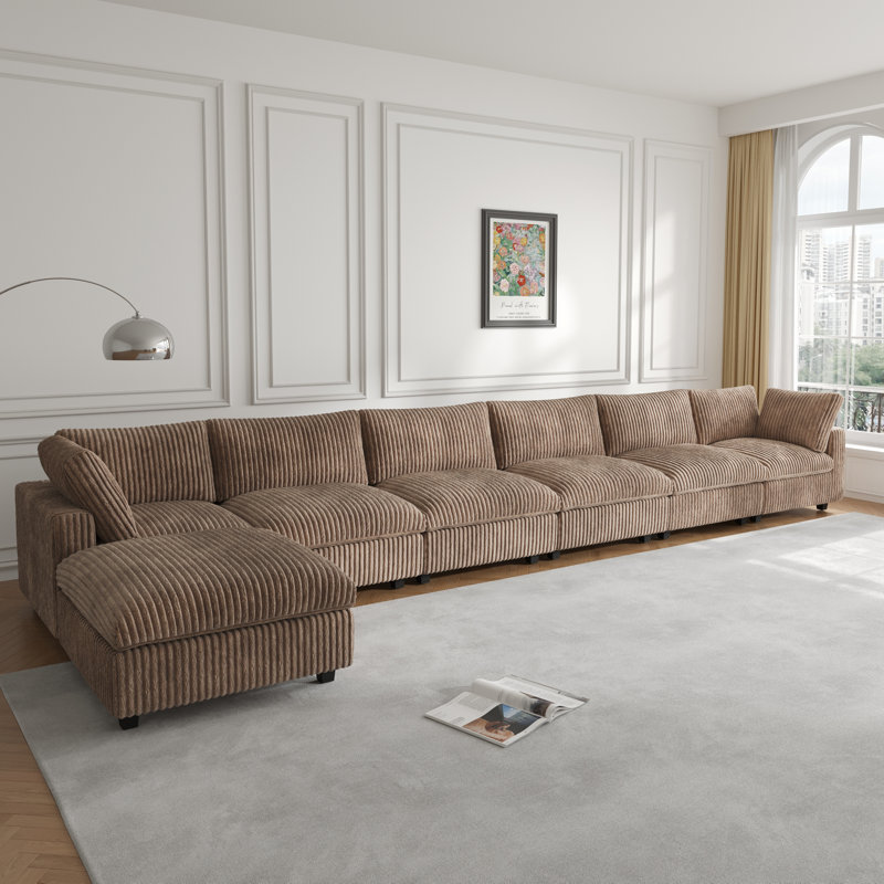 7 - Piece Wide Arm Upholstered Modular Sofa With Ottoman, Ricoeur  Brown Faux Fur