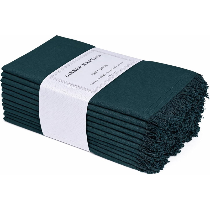 Lot de 12 serviettes de table en coton à franges Green Enigma, 18 x 18 pouces