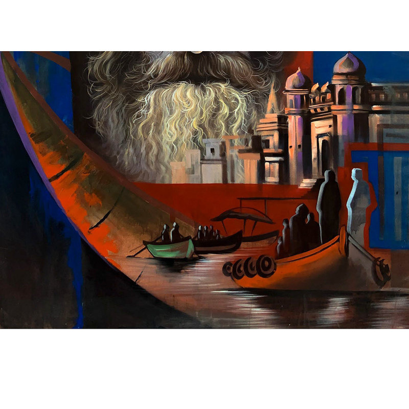 Sadhu avec Tilak et Banaras Ghat | Peinture de Mk Goyal