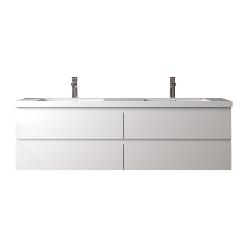 72" Double HG.White Bathroom Vanity Wall-mounted Floating vanities with Gloss White Resin Stone Top,4 Drawers Modern, 72"