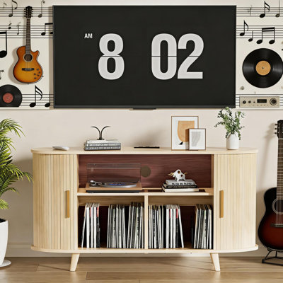 Record Player Stand With Charging Station & LED Lights, Sliding Door Media Cabinet