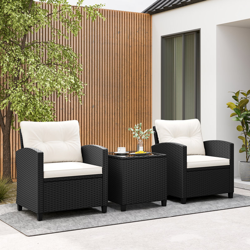 Ensemble de 3 meubles de patio avec coussins lavables pour table basse en verre trempé, Blanc cassé