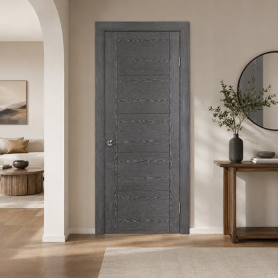 Panneau de porte intérieur en chêne gris à 5 panneaux, placage en bois d'ingénierie, conception à panneau affleurant moderne
