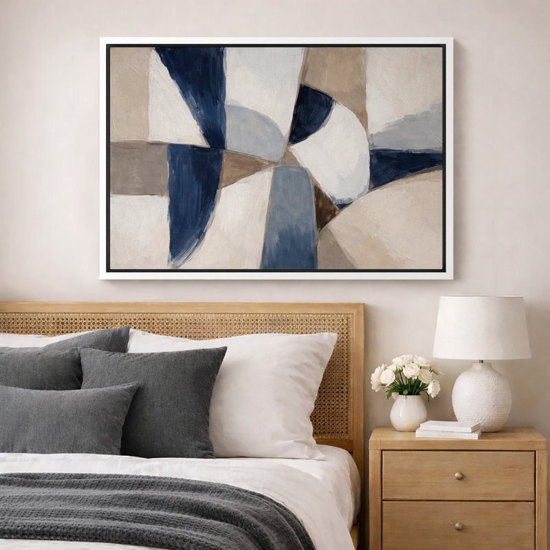 Abstrait bleu beige géométrique composition radiale, photos de salon moderne, impression sur toile encadrée, Cadre blanc