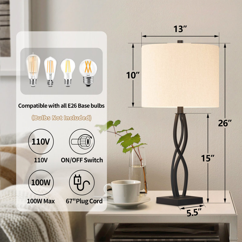 26" Black Metal Table Lamps with White Fabric Shades, Set of 2