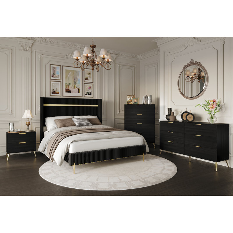 Anaika Corduroy 4-pieces Bedroom Set, Black/Black, Twin