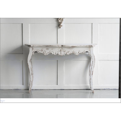 46 Inch Slimline Whitewash Console Table, Durable Vintage Design with Scalloped Edges for Hallway, Living Room, and Bedroom