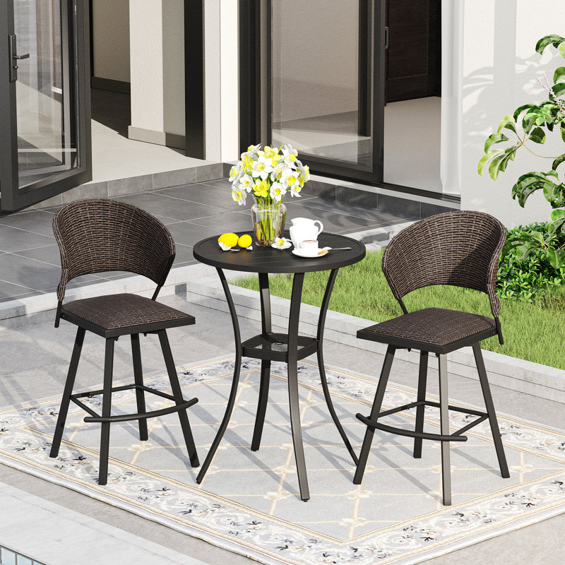 3 Pieces Outdoor Bar Set With Swivel Bar Stools, Brown/Black