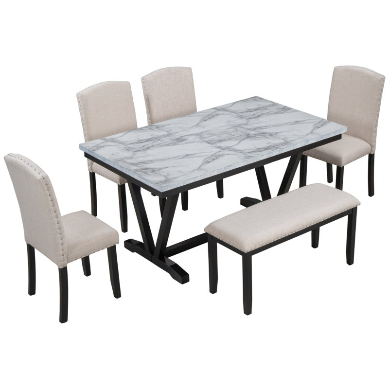 Table de salle à manger de style moderne 6 pièces avec 4 chaises et 1 banc, table avec placages marbrés et pieds de table en forme de V TREXM