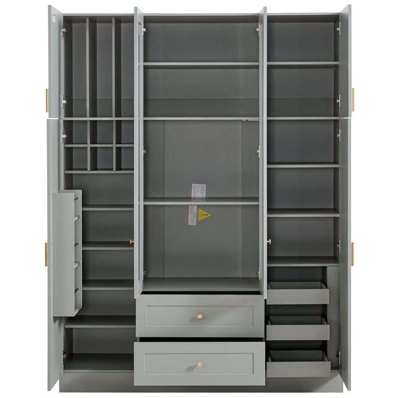 Grand garde-manger moderne avec portes en acrylique, 11 tablettes et support à vin, Green