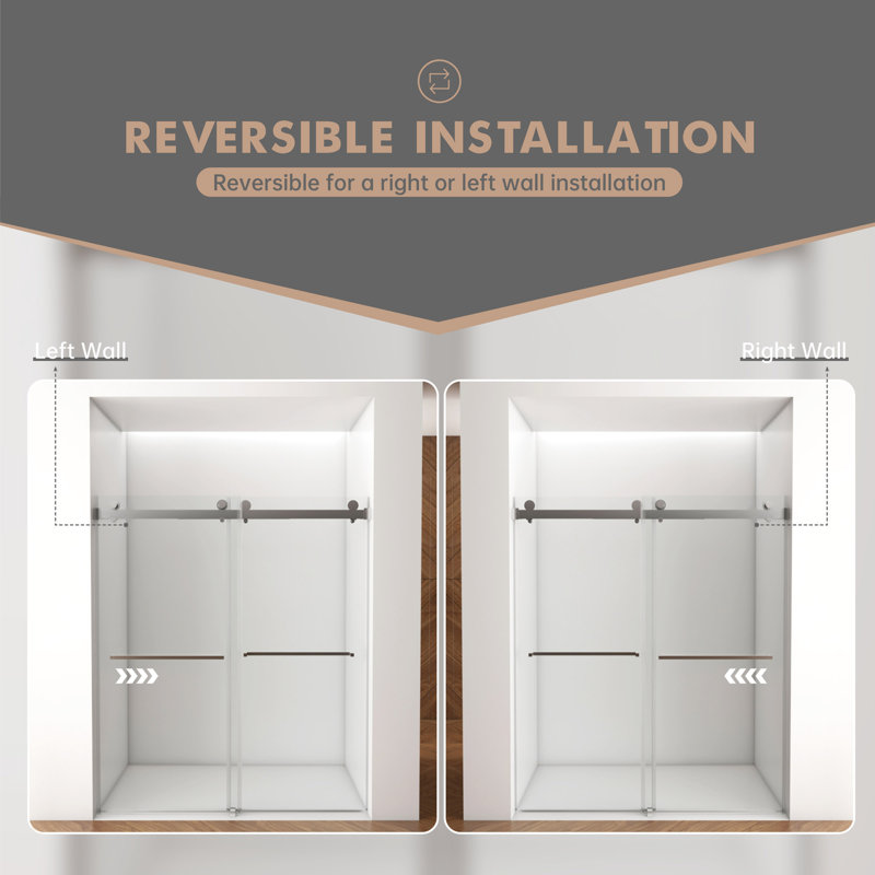 Porte de douche sans cadre de 56 à 60 po x H 76 po, porte de douche coulissante double, cabine de douche en verre trempé transparent de 3/8 po (10 mm) avec rail carré, couche facile à nettoyer double face, avec tampon