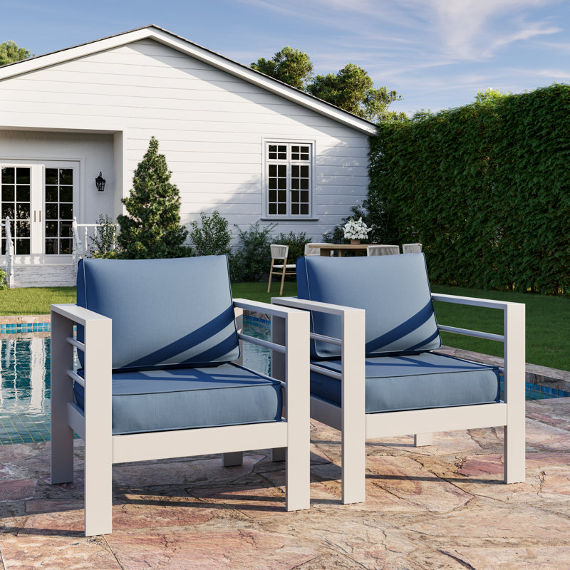 Bellewood 29.5" W Aluminum Patio Club Chairs, White Frame/Blue Cushion