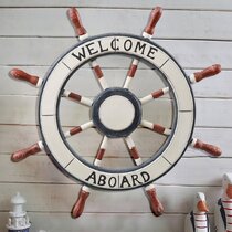 Cota Global Baja Beach Wall Decor Anchor and Ship Wheel Set - Handmade and Crafted Wooden Anchor and Wheel with Ropes for Hanging, Nautical Themed