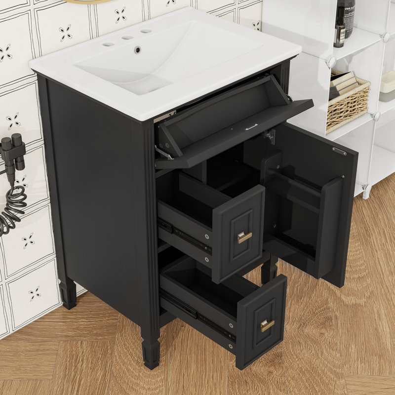 Meuble-lavabo avec lavabo, tiroir rabattable et tablette réglable, Noir