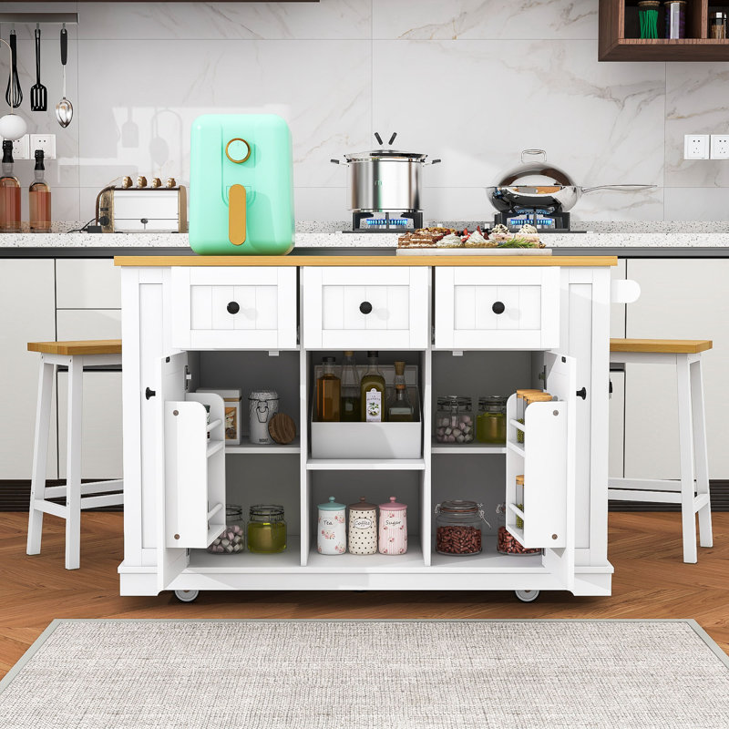 Cheryllynne 3-Piece Kitchen Island Set with Built-in Charging Station, Expandable Countertop and Two Bar Stools, White