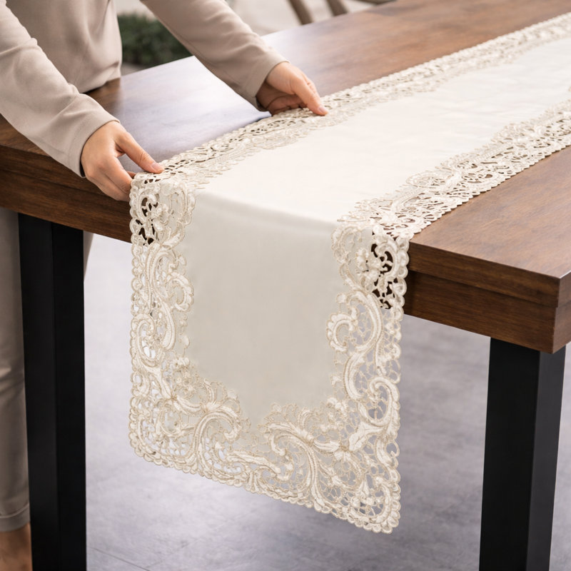 Light Beige Lace Table Runner with Elegant Cutwork Embroidery for Dining Table and Christmas Decor