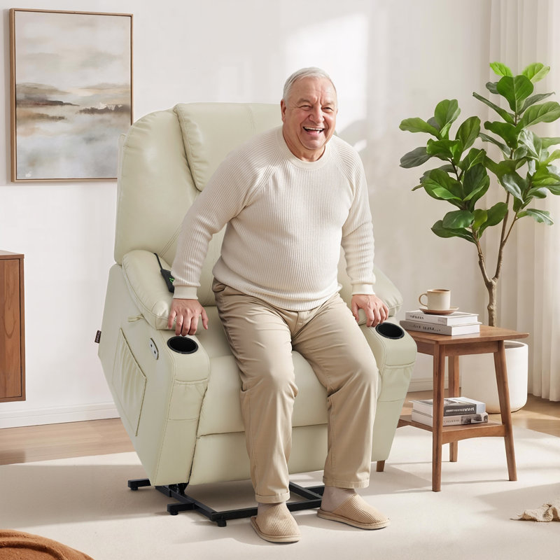 25.2" Seat Width Power Recliner Lift Chair with Vibration and Heat, Breathable Faux Leather, Cream