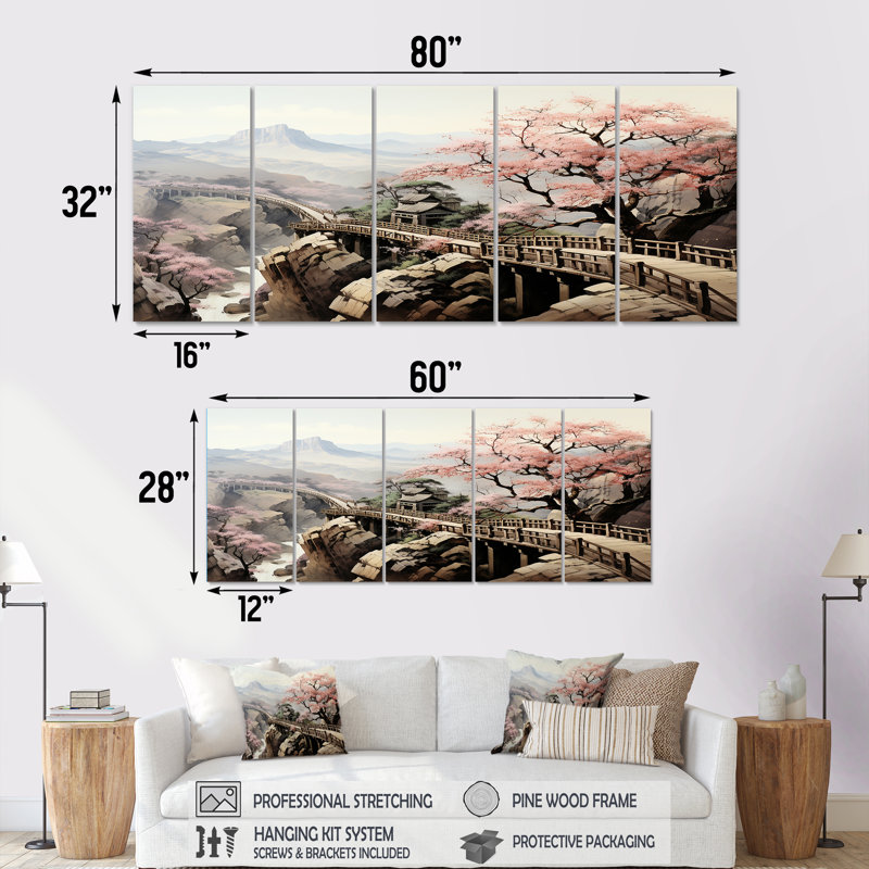 «Pink Floral Japanese Panorama Landscape II - Japon», art mural sur toile 5 pièces, H 32 po x l 80 po