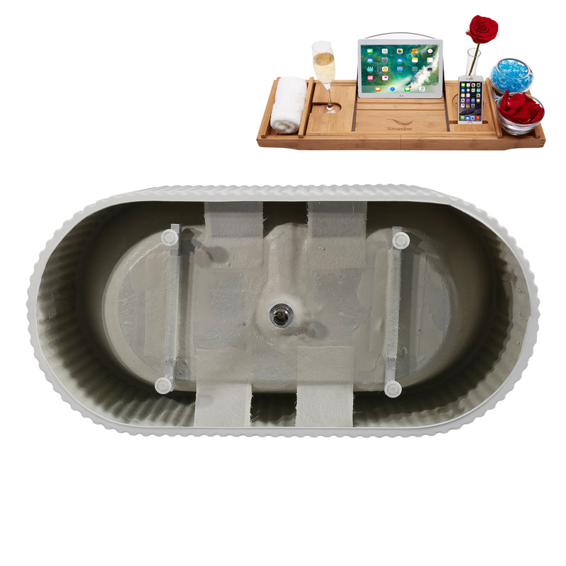 59" Streamline Soaking Matte White Freestanding Tub and Tray With Internal Drain, Brushed Nickel