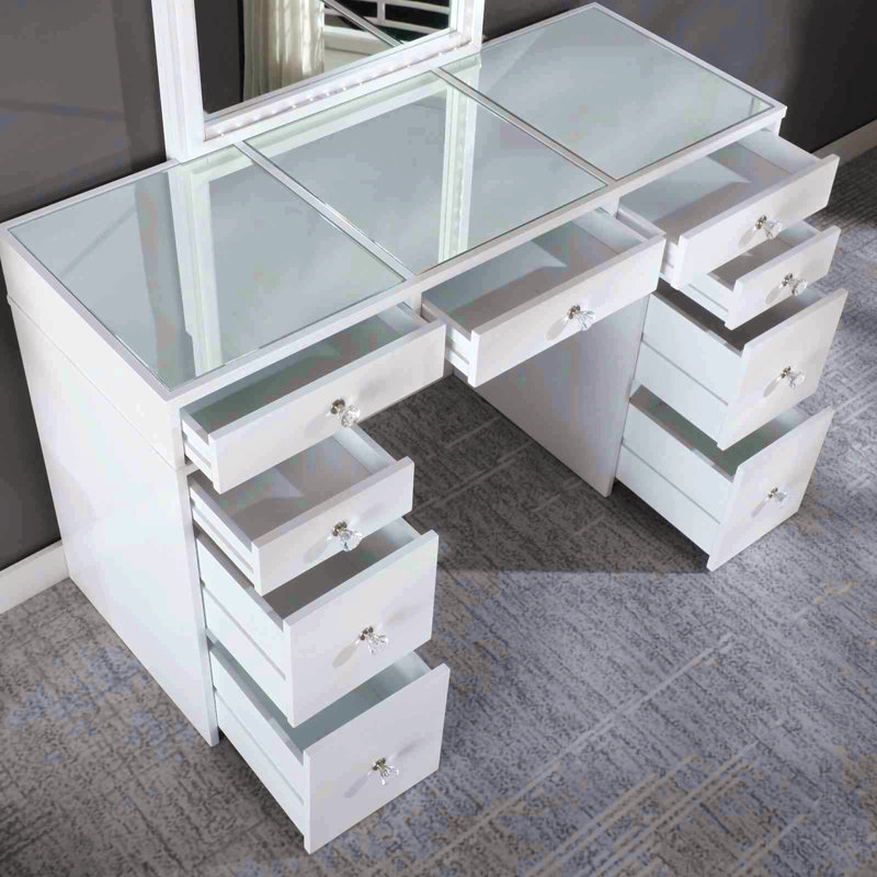 Contemporary Style 1Pc Vanity Set 3Mm Mirror Led Lights Storage Drawers Wooden Glides White Finish Stool Included Bedroom Furniture