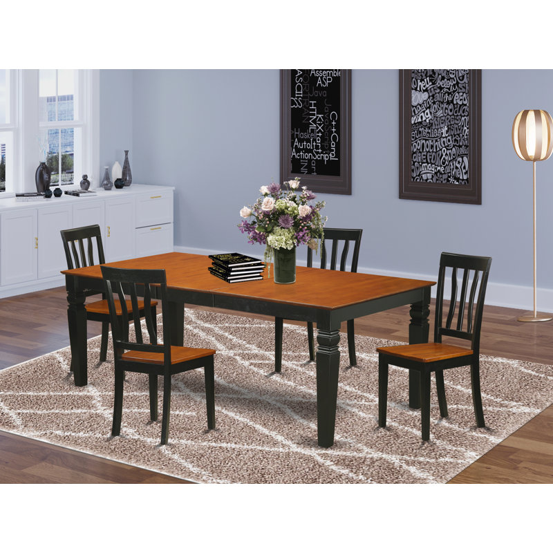 Ensemble de table de salle à manger 5 pièces comprenant une table rectangulaire en bois avec rallonge papillon et 4 chaises de cuisine, noir et cerisier
