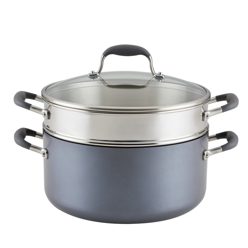 Anolon Advanced Home Hard Anodized Nonstick Wide Stockpot With Steamer Insert Set, 3-Piece,  8.5-Quart, Gray