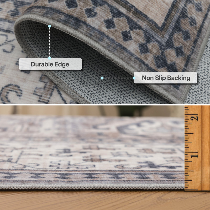 Nel Paz Border Beige Gray Ivory Machine Washable Area Rugs, Runner 2'6" x 8'