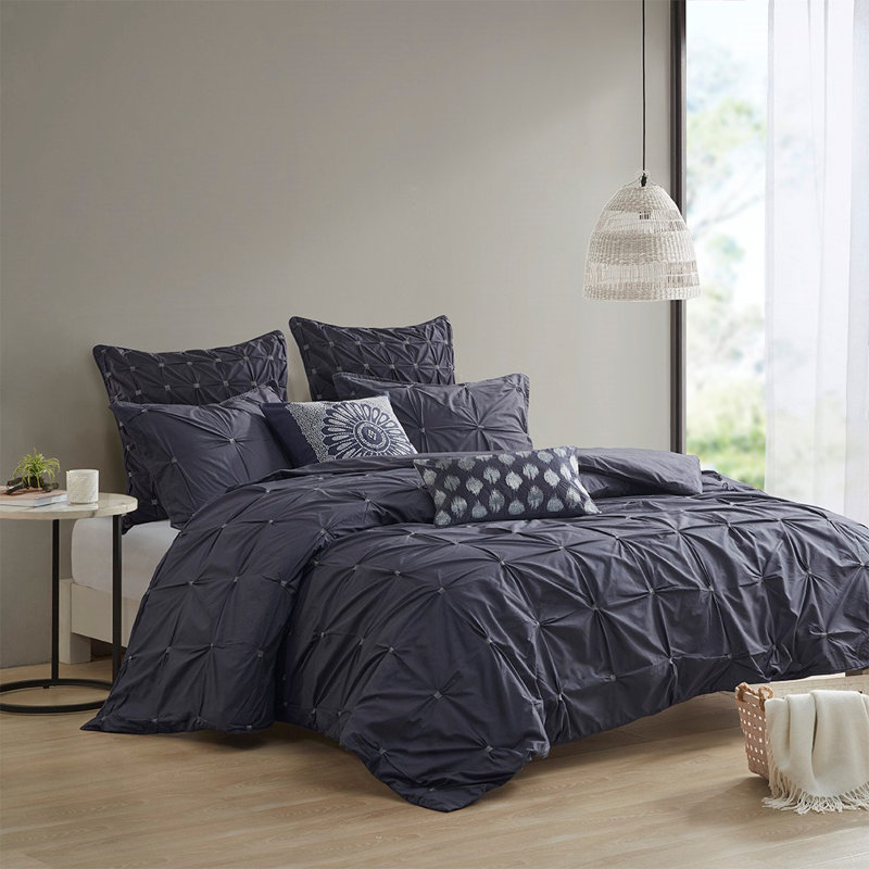 Literie en coton Kolsten, Housse de couette double / grand + 2 taies décora, Bleu marine