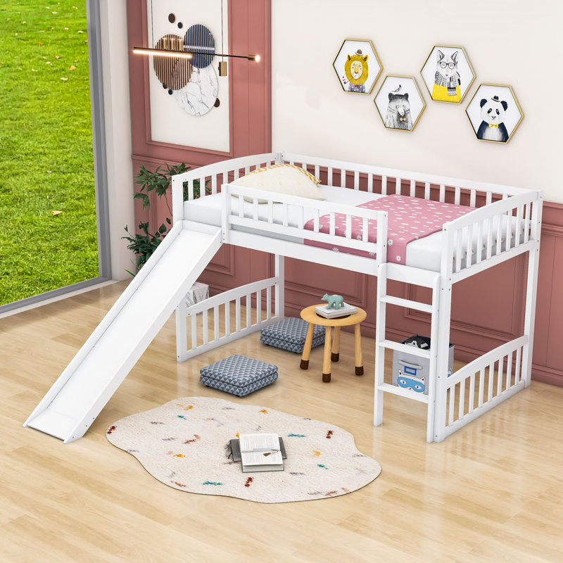 Enguerrand Twin Size Wood Loft Bed with Slide, White