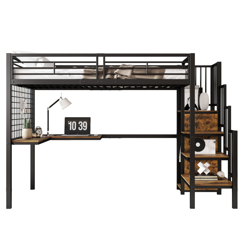 Loft Bed Frame with Storage Included with Built-in Ladder Included with Desk Included, Black