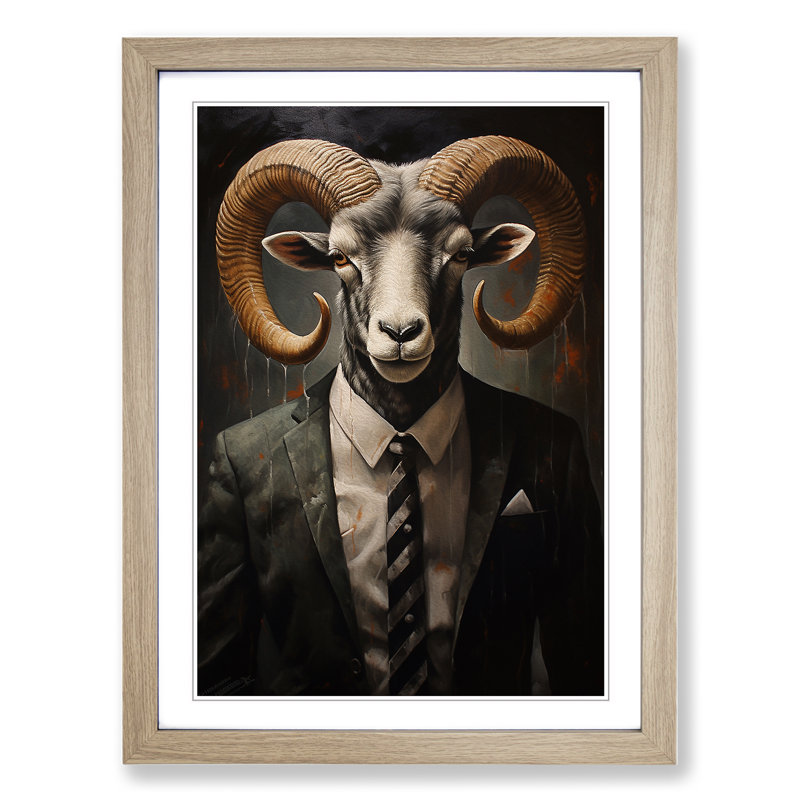 Ram Sheep in a Suit Painting - Framed Print, 64cm H x 46cm W x 2cm D, Oak Framed